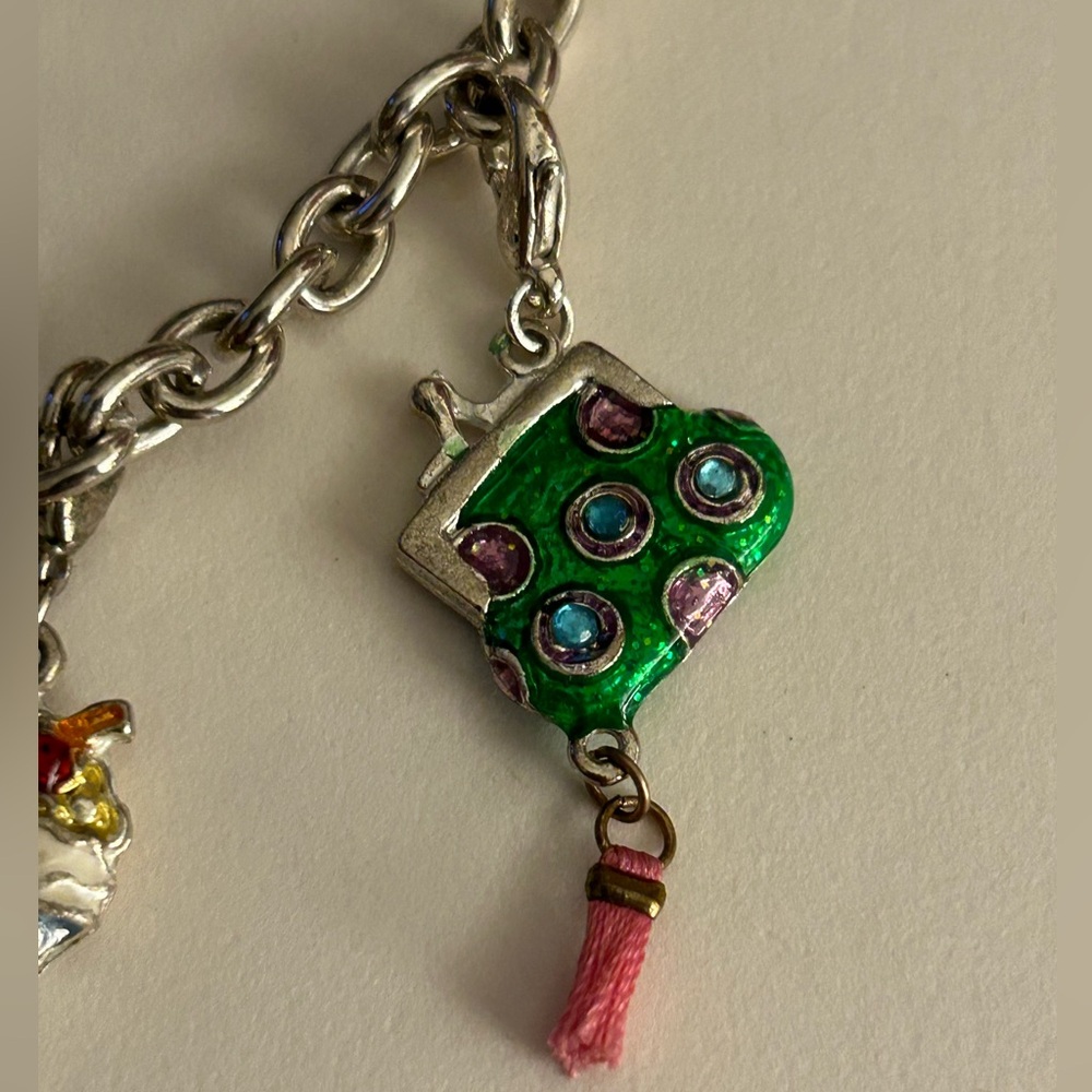 Charm Bracelet: enamel Scottie Dog, Purse w tassel, Ice Cream Sundae, 7”, clasp - Picture 2 of 8